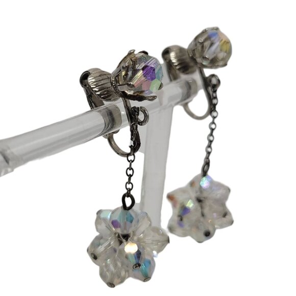 Vtg Aurora Borealis Crystal Clip-On Dangle Earrings AB Cluster Drop Statement - Picture 4 of 10